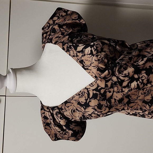 Ann Taylor wrap short puff sleeve blouse brown/black flower fairy fall 0 y2k - Picture 2 of 11